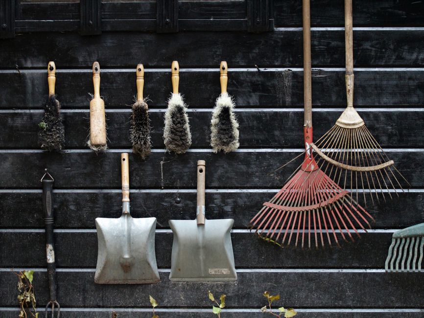 Tools hang on the wall inside a well-used garden shed.