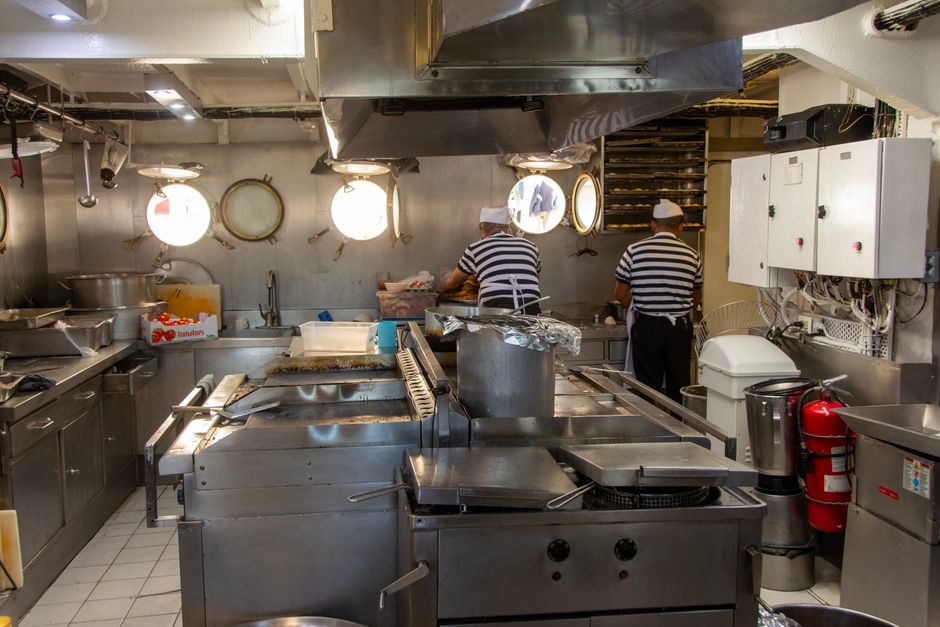 The galley on a passenger ferry serves coffee and hot food.